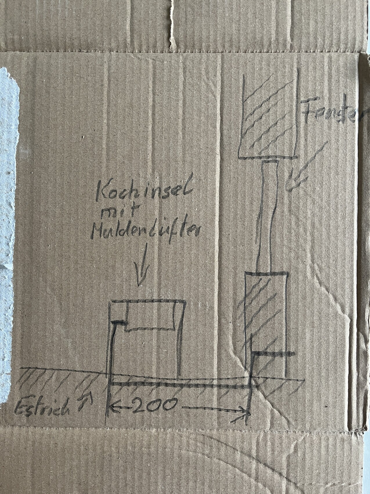 Skizze einer Kücheninsel mit Spüle und Dunstabzug, ca. 200 cm, auf Karton.