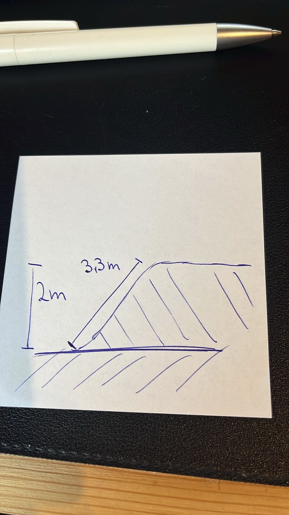 Weißer Stift liegt neben einer Notiz mit Skizze einer schrägen Rampe, 2 m hoch, 3 m lang.
