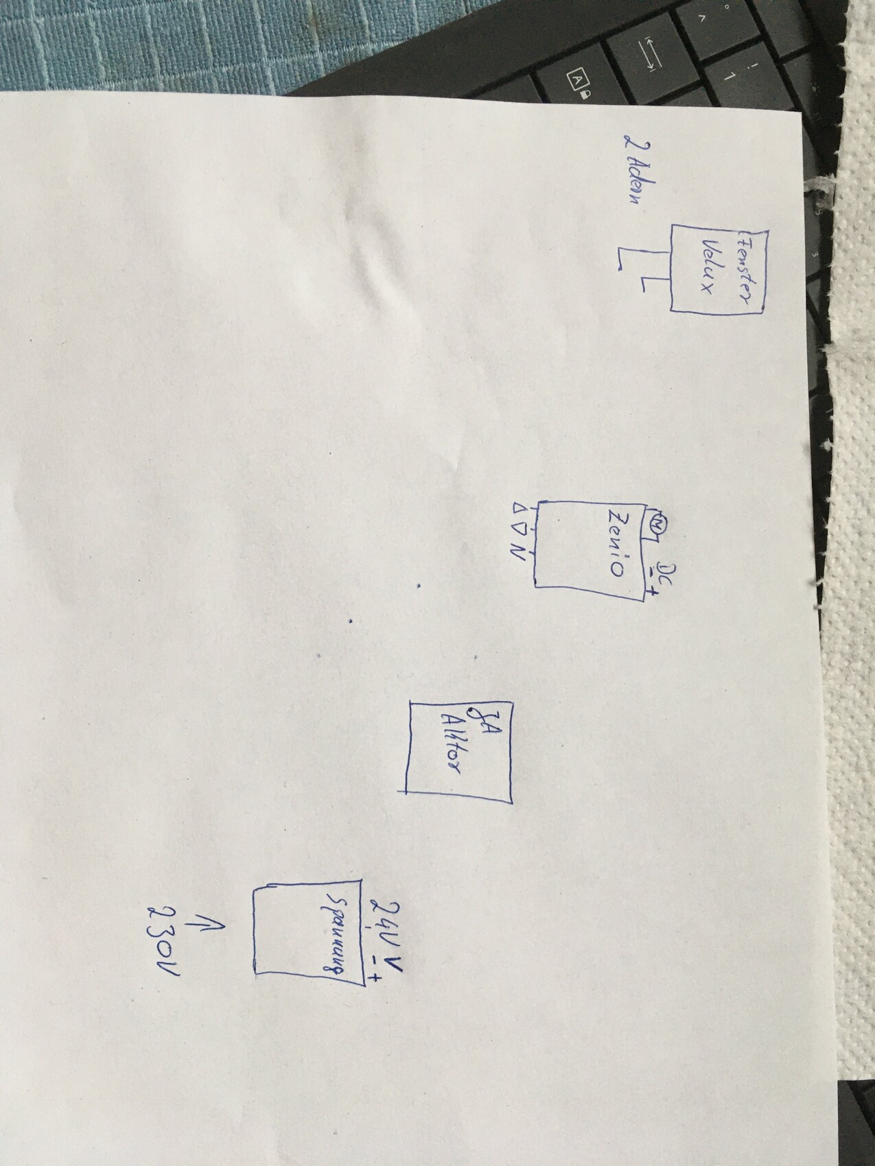 Skizze eines einfachen Elektronik-Schaltplans: 230V Eingang, Transformator, Bauteile.