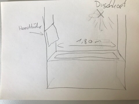 Handgezeichnete Schlafzimmer-Skizze mit Bett, Kopfteil und Wandhalterung.