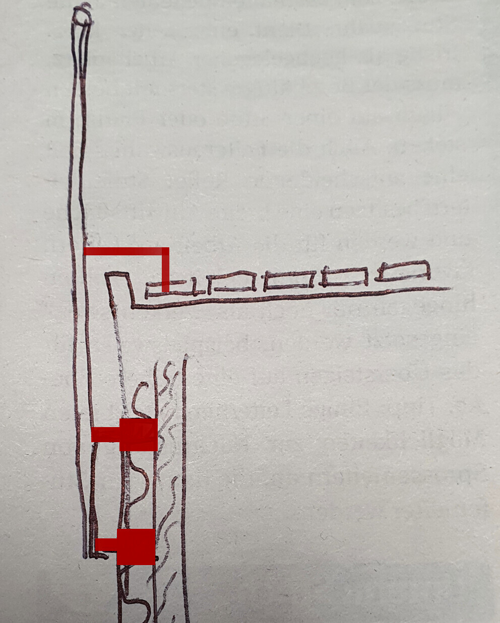 Skizze einer linken Vertikalsäule mit horizontalem Überbau und daneben dekorativem Wandstreifen
