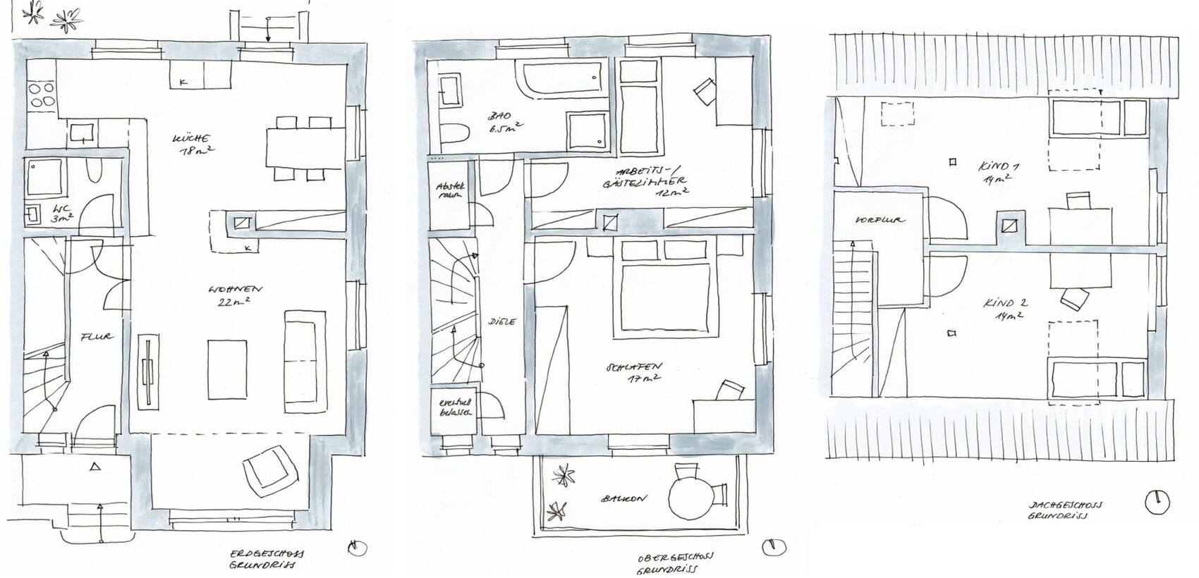Grundriss eines dreistöckigen Hauses mit Küche, Wohnzimmer, Bad, Flur, Schlafzimmer und Kinderzimmer.