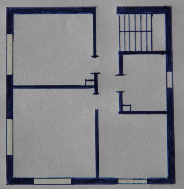 Grundriss eines Gebäudes mit mehreren Zimmern, Türen und Fenstern, blaue Wände.