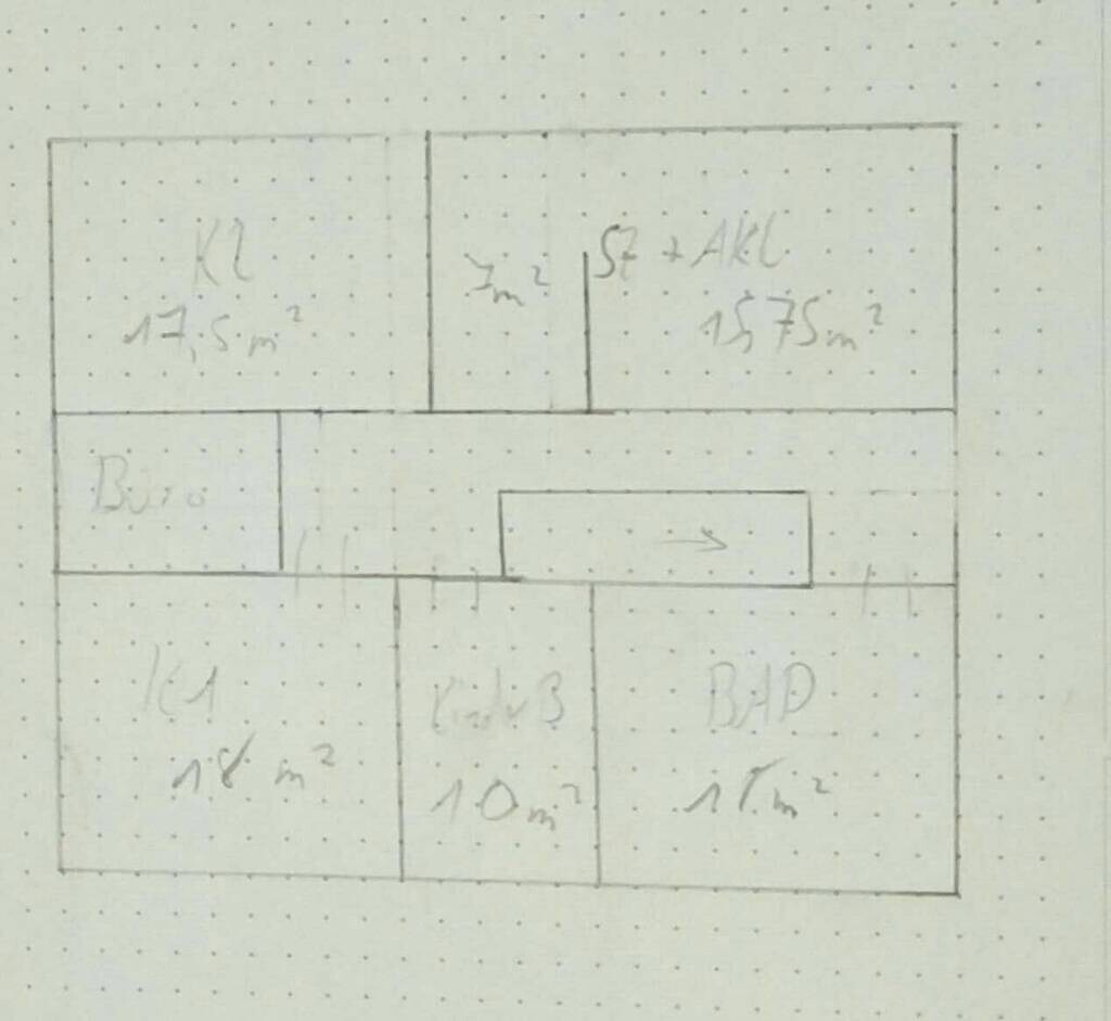 Skizzenhafter Grundriss eines Hauses mit Räumen und Flächenangaben in m² (Küche, Schlafz., Bad).