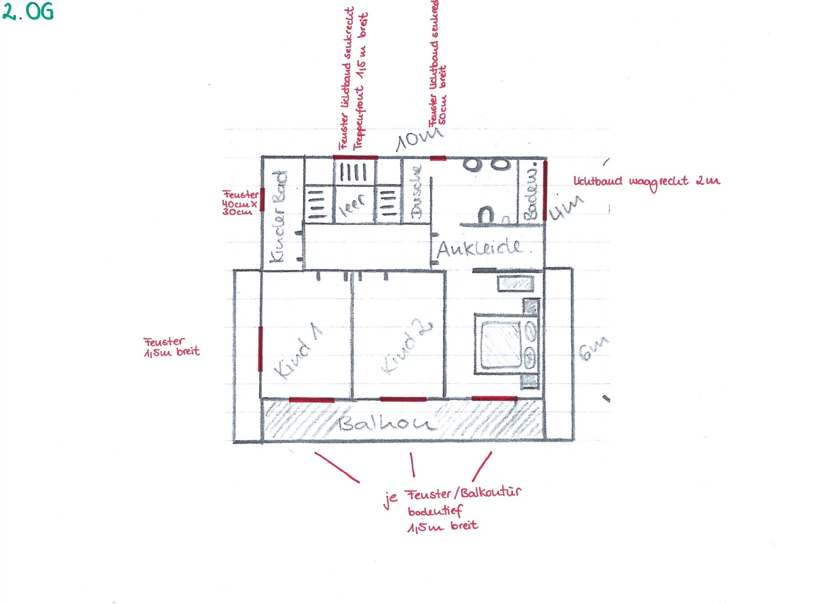 Handgezeichneter Grundriss des 2.OG mit Küche, Bad, Flur, drei Zimmer und Balkon.