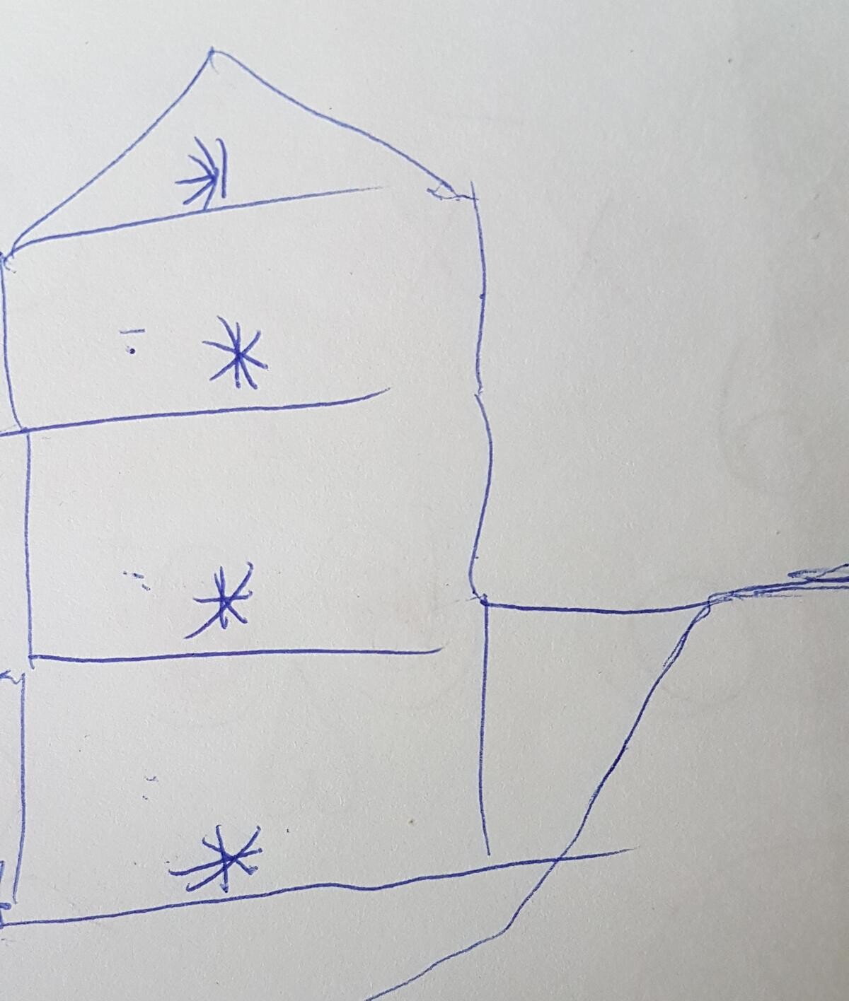 Handgezeichnete Grundriss-Skizze mit Raumeinteilung und Dachform