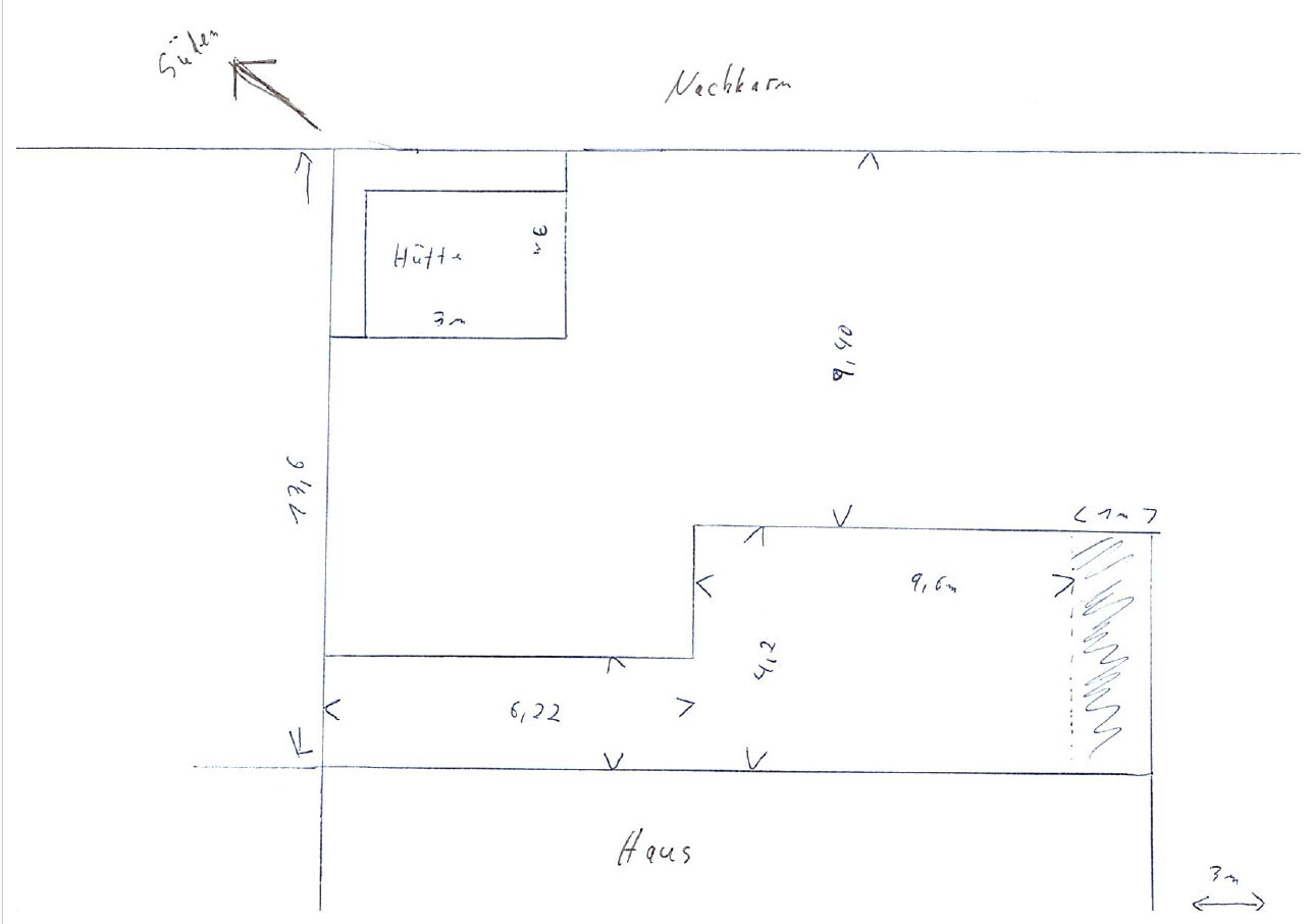 Skizzenhafter Grundriss eines Hauses mit Innenhof, Hütte links oben; Maßangaben in Metern.