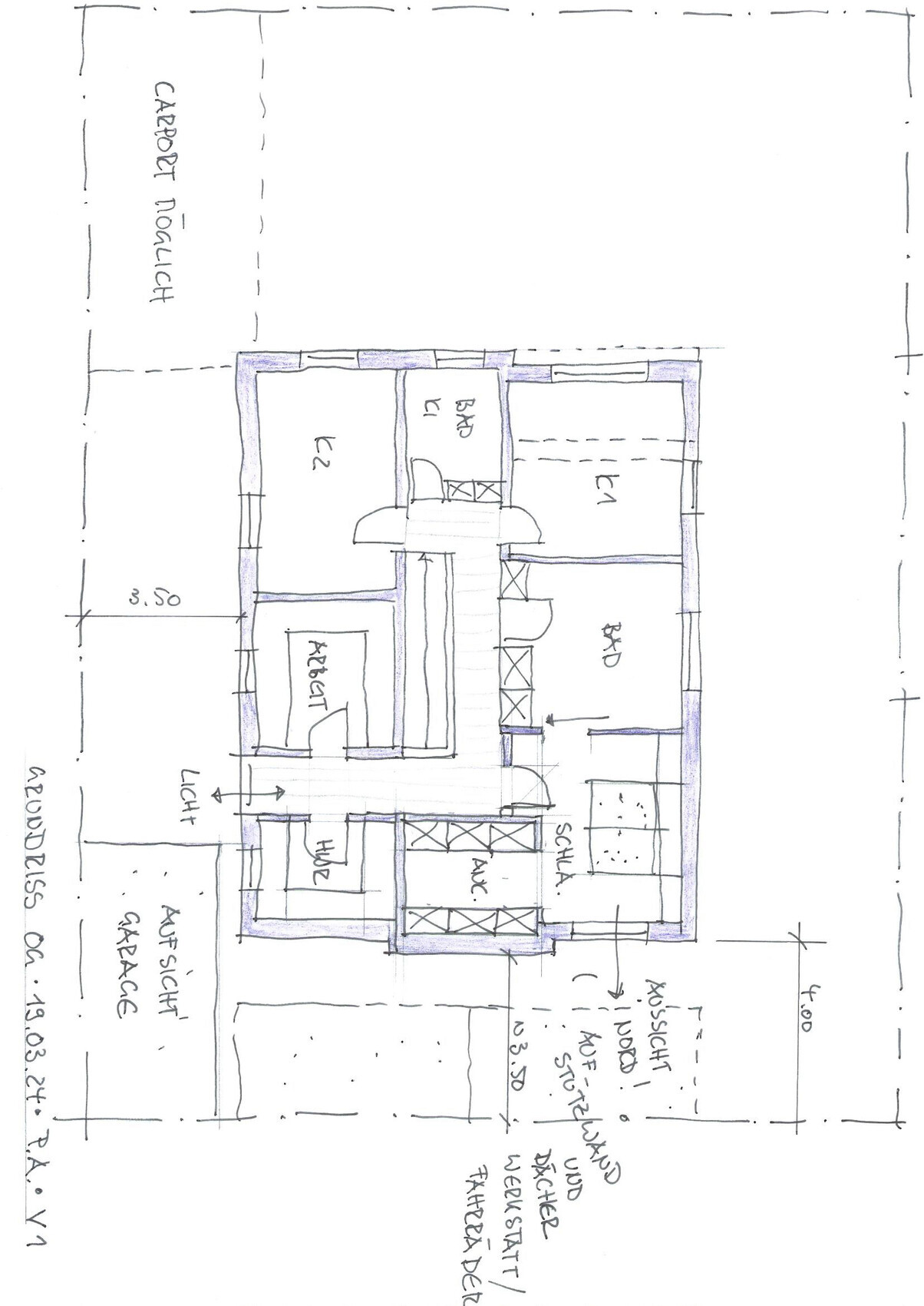 Handgezeichnete Grundriss-Skizze eines Hauses mit Zimmern, Treppe und Türen.