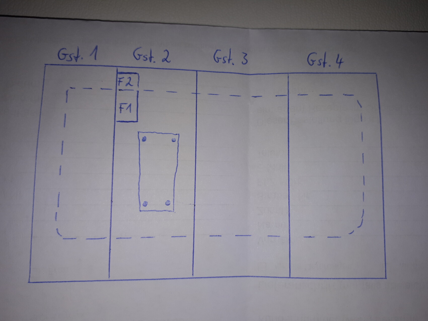 Skizze eines Grundrisses mit vier Bereichen Gst.1–Gst.4; Gst.2 zeigt F1/F2 und Montageplatte.