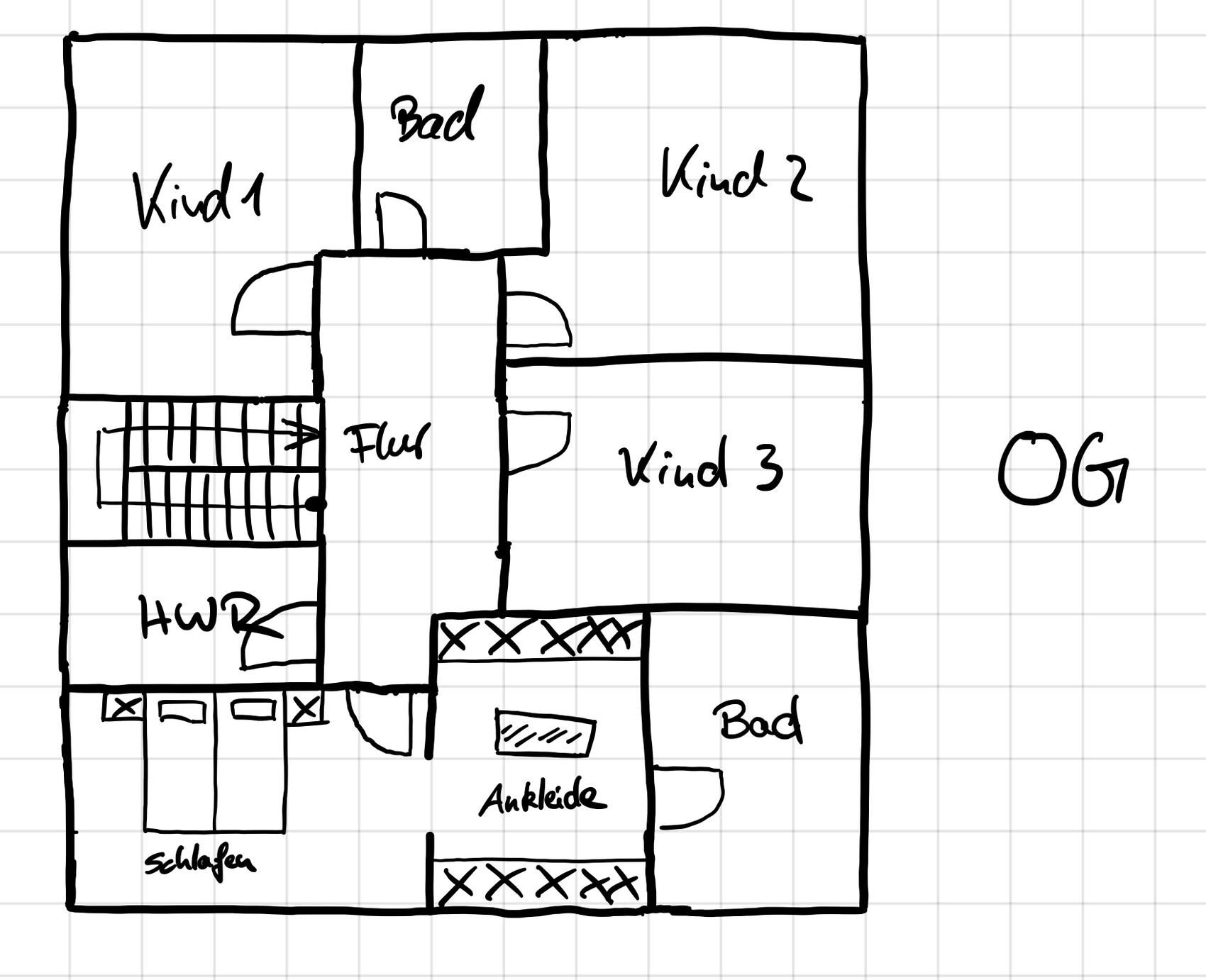 Handgezeichneter OG-Grundriss: Schlafen, Ankleide, Flur, HWR, Bad, drei Kinderzimmer.