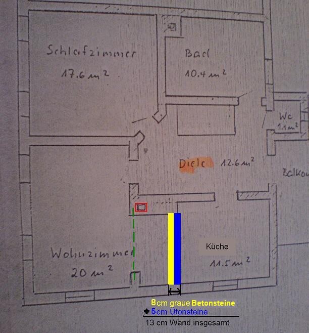 Grundriss einer Wohnung mit Schlafzimmer, Wohnzimmer, Küche, Bad, Diele, WC und Flächenangaben.