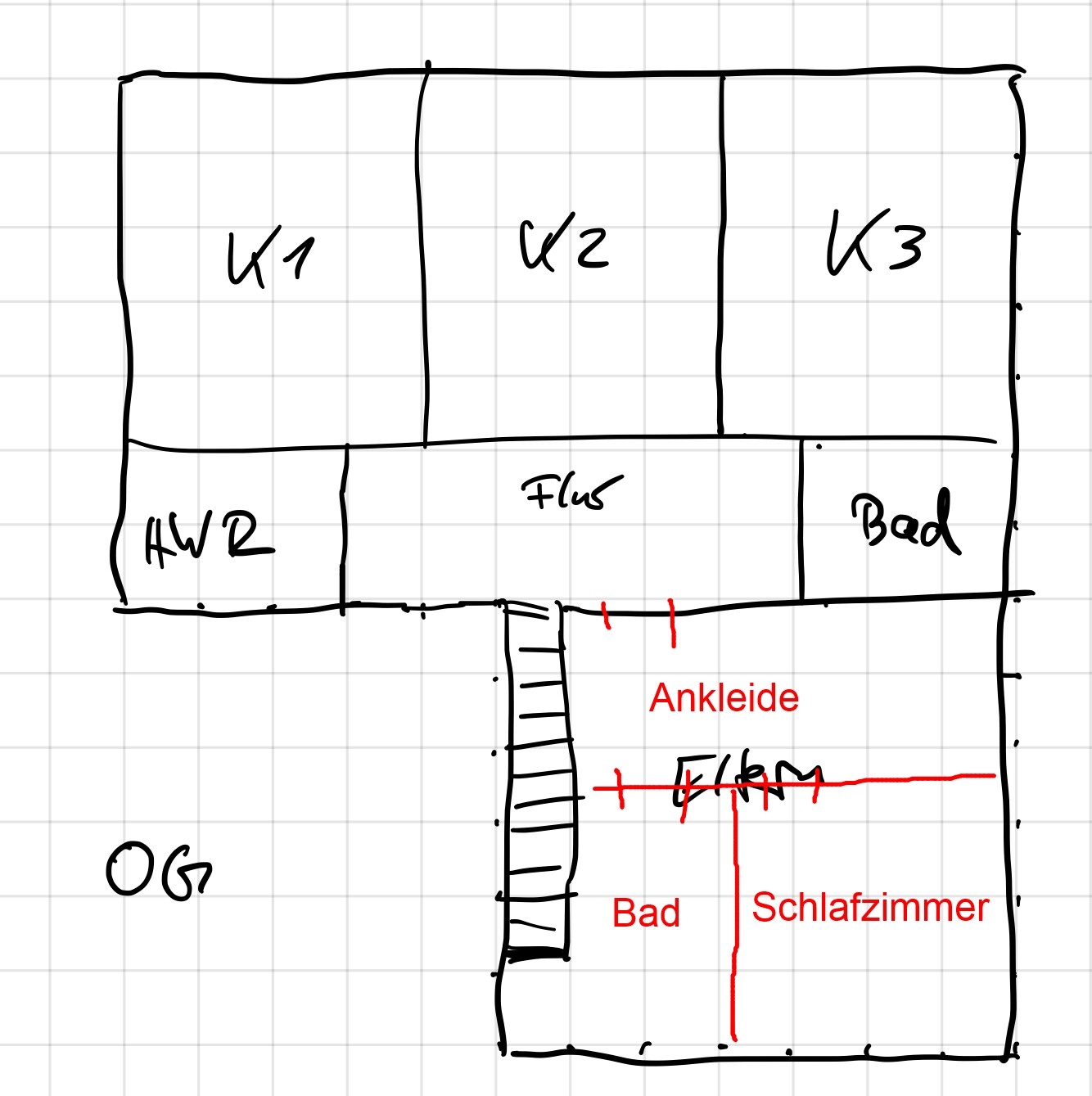 Handgezeichneter Grundriss: Obergeschoss mit K1-K3, Flur, HW2, Bad; Ankleide, Schlafzimmer.