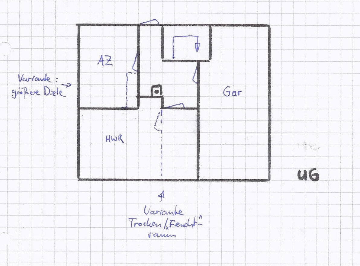 Grundriss UG: Garage rechts, HWR links unten, AZ links oben, Treppenhaus zentral.