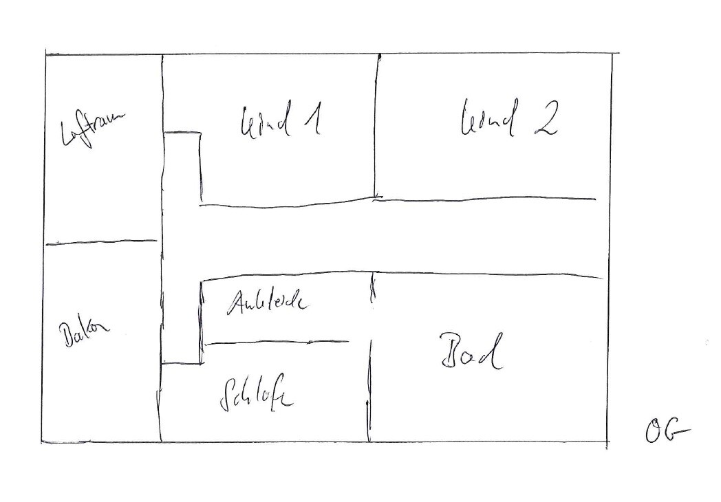 Handgezeichneter Grundrissplan mit Wohnraum, Schlafzimmer, Bad und Ankleide im OG.
