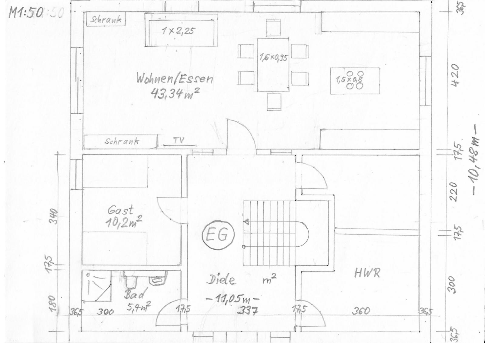 Grundriss Erdgeschoss: Wohn-/Essraum, Küche, Gastzimmer, Bad, Diele, HWR.