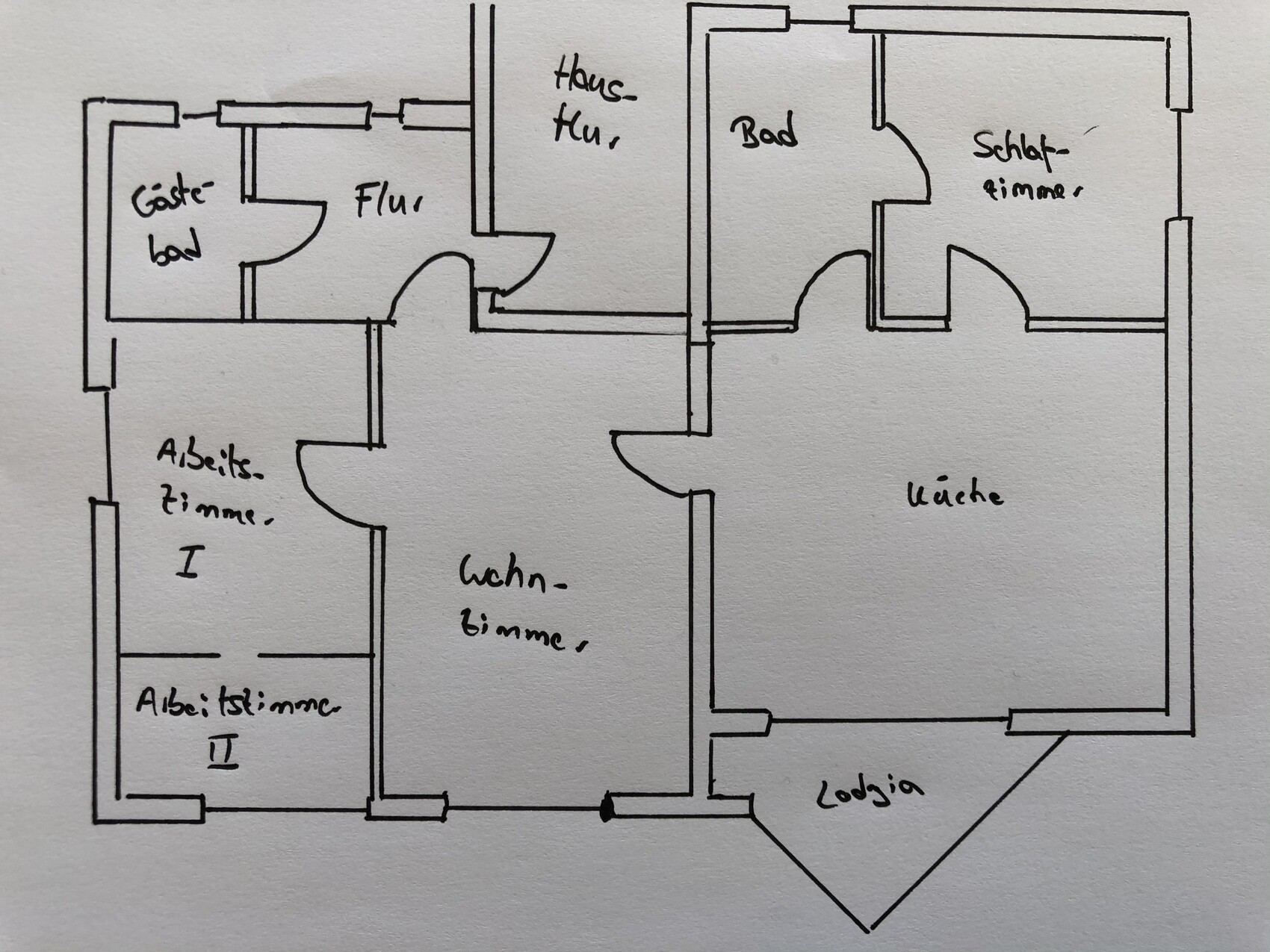 Grundriss: Flur, Gäste-Bad, Bad, Arbeitszimmer I-II, Wohnzimmer, Küche, Schlafzimmer, Loggia