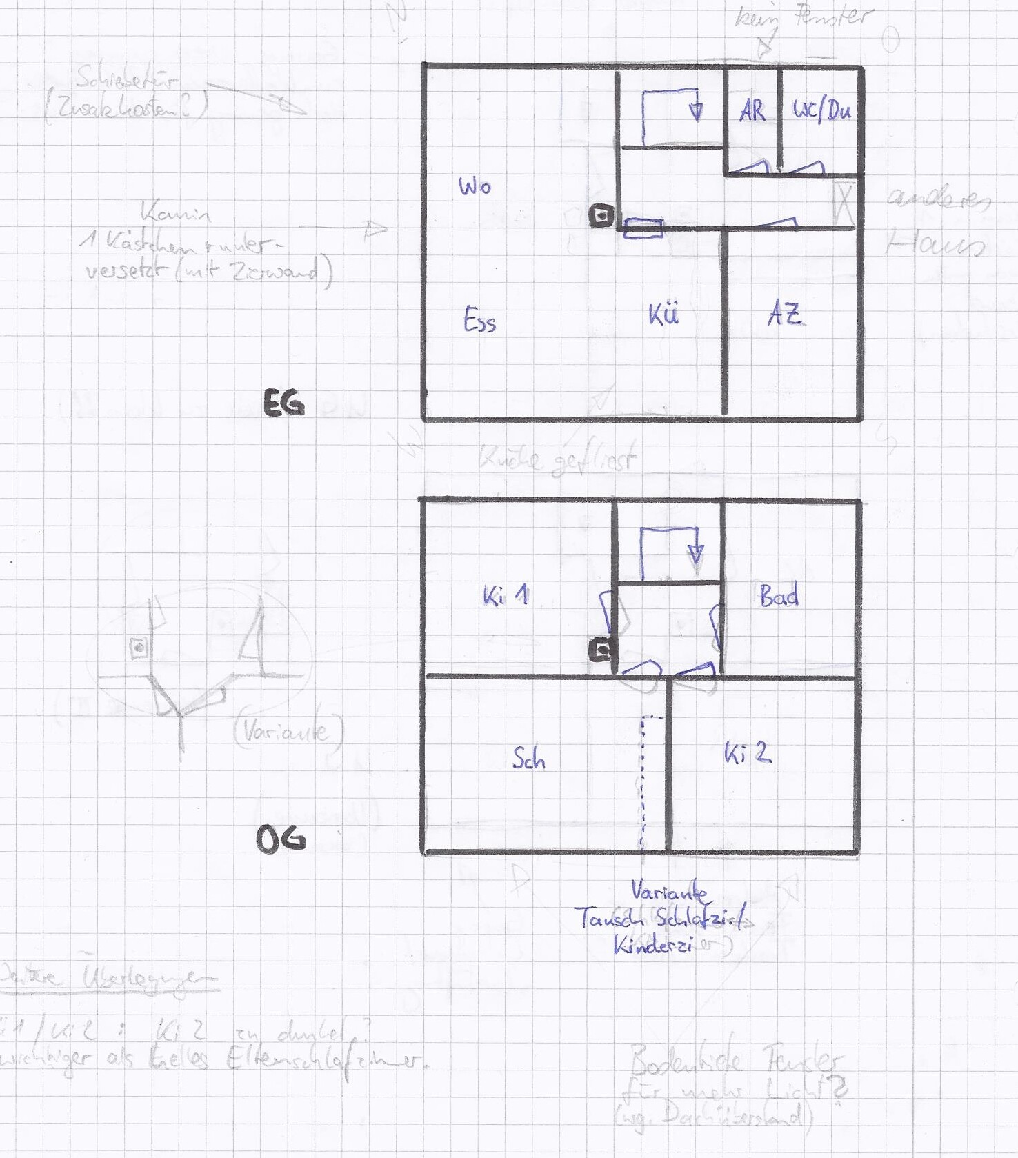 Zweigeschossiger Grundriss: EG mit Wohnen, Essen, Küche; OG mit Ki1, Schlafzimmer, Ki2, Bad.