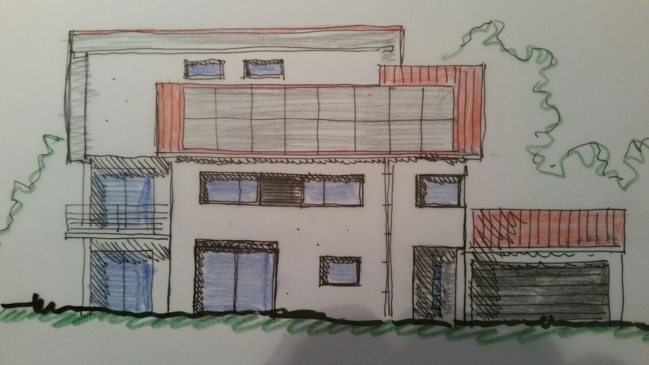 Handgezeichnete Fassade eines modernen Einfamilienhauses mit Garage und Grünbereich