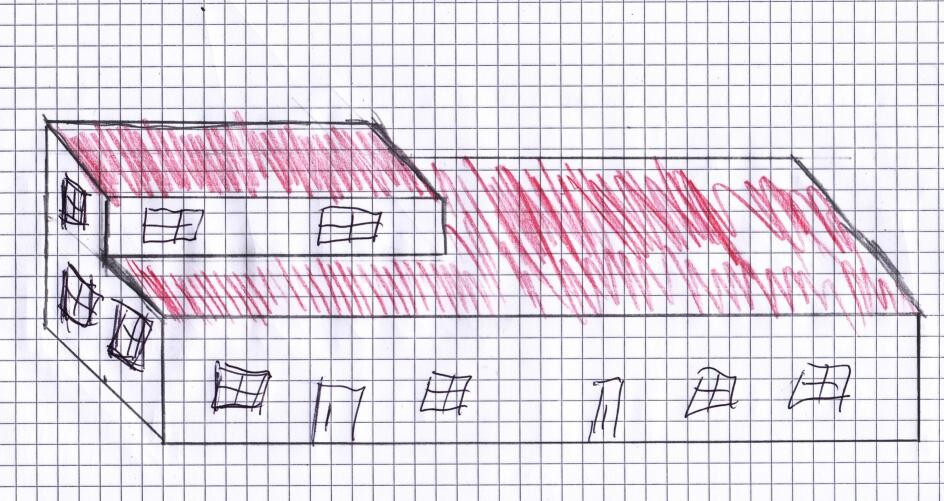 Handgezeichnetes Haus mit rotem Dach, seitlicher Blick, Fenster und Eingang