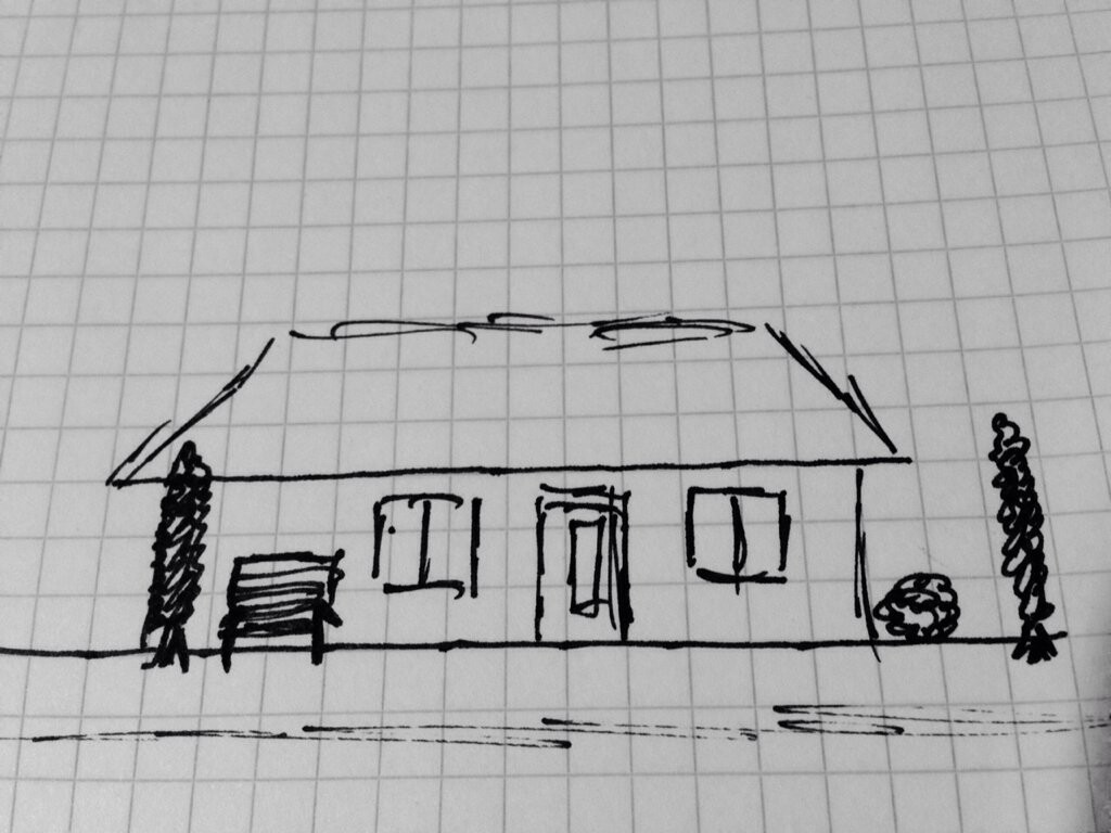 Handgezeichnetes Haus auf Karopapier mit Tür, Fenster und Garten