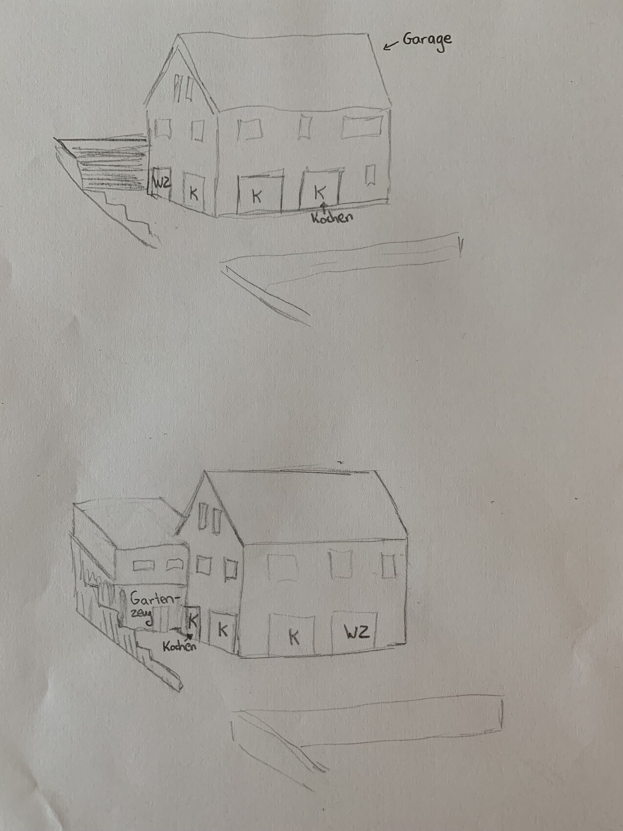 Handgezeichnetes Hausmodell mit Garage, Garten und beschrifteten Räumen Küche und Wohnzimmer.