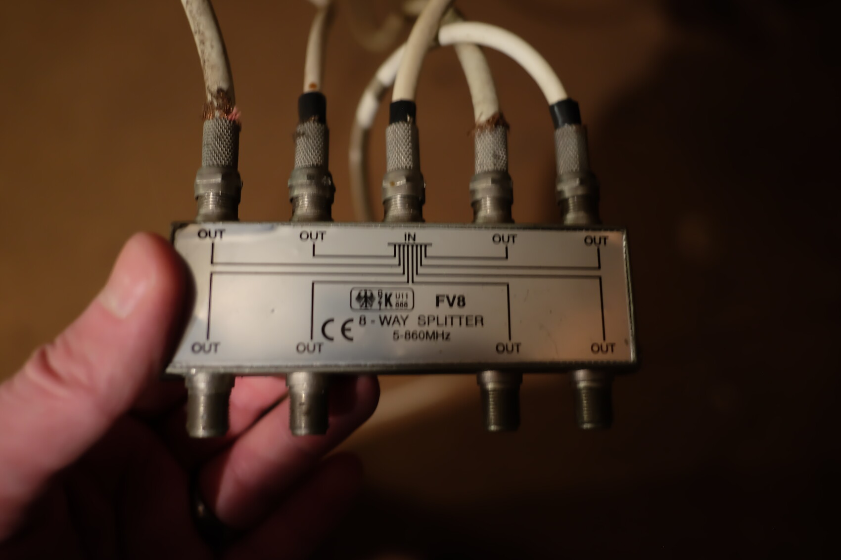FV8 8-Way Splitter mit acht OUT-Anschlüssen und Kabeln in der Hand.