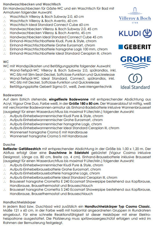 Produktkatalogseite: Badewannen, Waschbecken und Schränke mit Markenlogos.