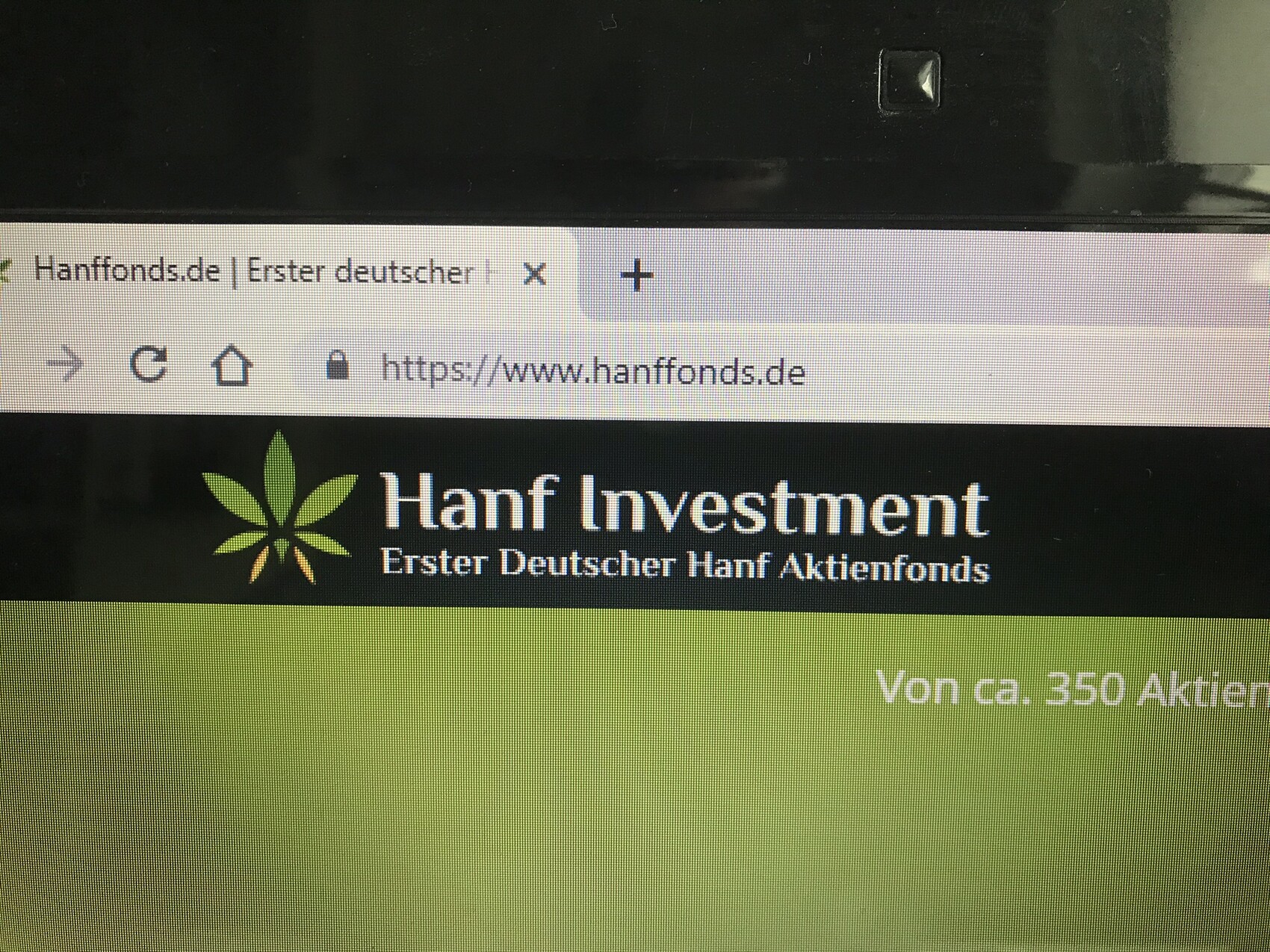 Logo: grünes Hanfblatt links, Text 'Hanf Investment – Erster Deutscher Hanf Aktienfonds'