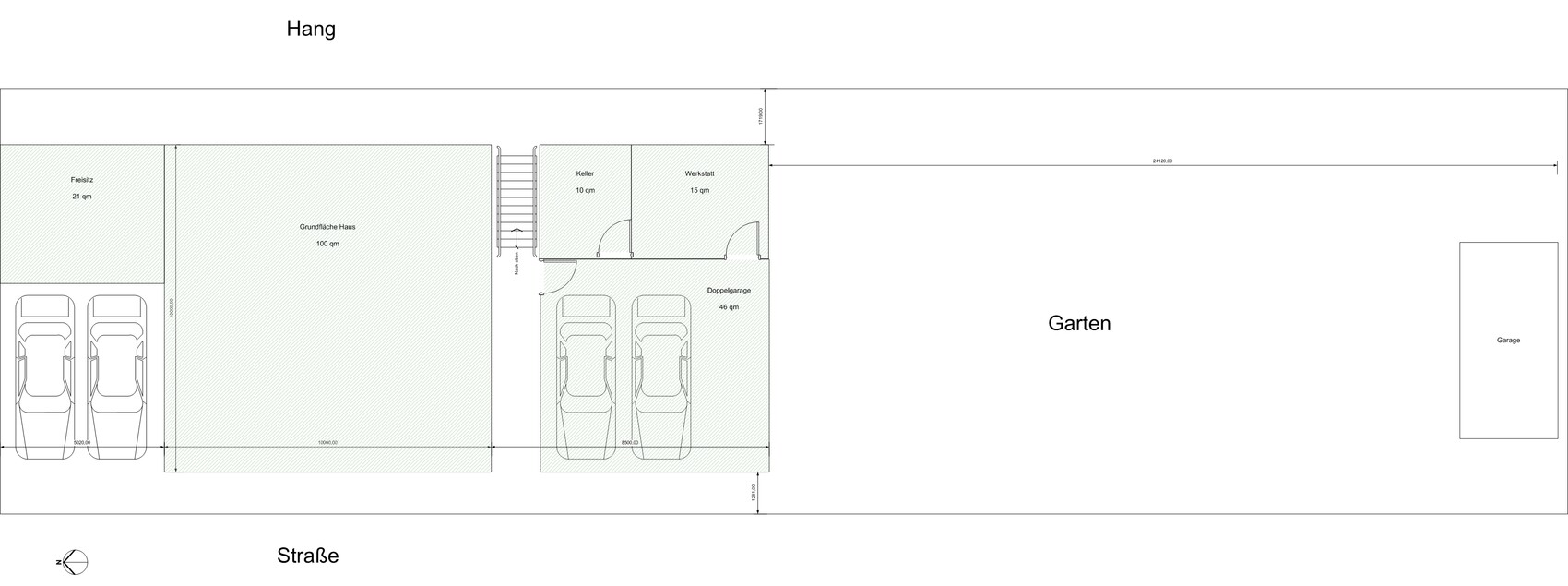 Grundriss eines Hauses mit Garten, Garage, Werkstatt und Keller.