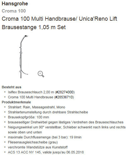Duschsystem Hansgrohe Croma 100 Multi Handbrause mit Unica Reno Lift Brausestange