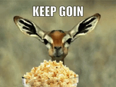 Hase schaut auf einen Haufen Popcorn, Meme-Text KEEP GOIN