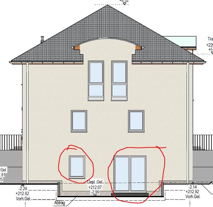 Zweigeschossiges Haus mit geneigtem Dach, Frontansicht, Fenster und Terrasse in Bauzeichnung.