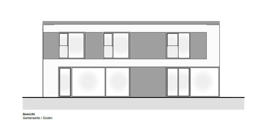 Zweigeschossiges modernes Haus mit großen Glasfronten und grauen Fassadenplatten.