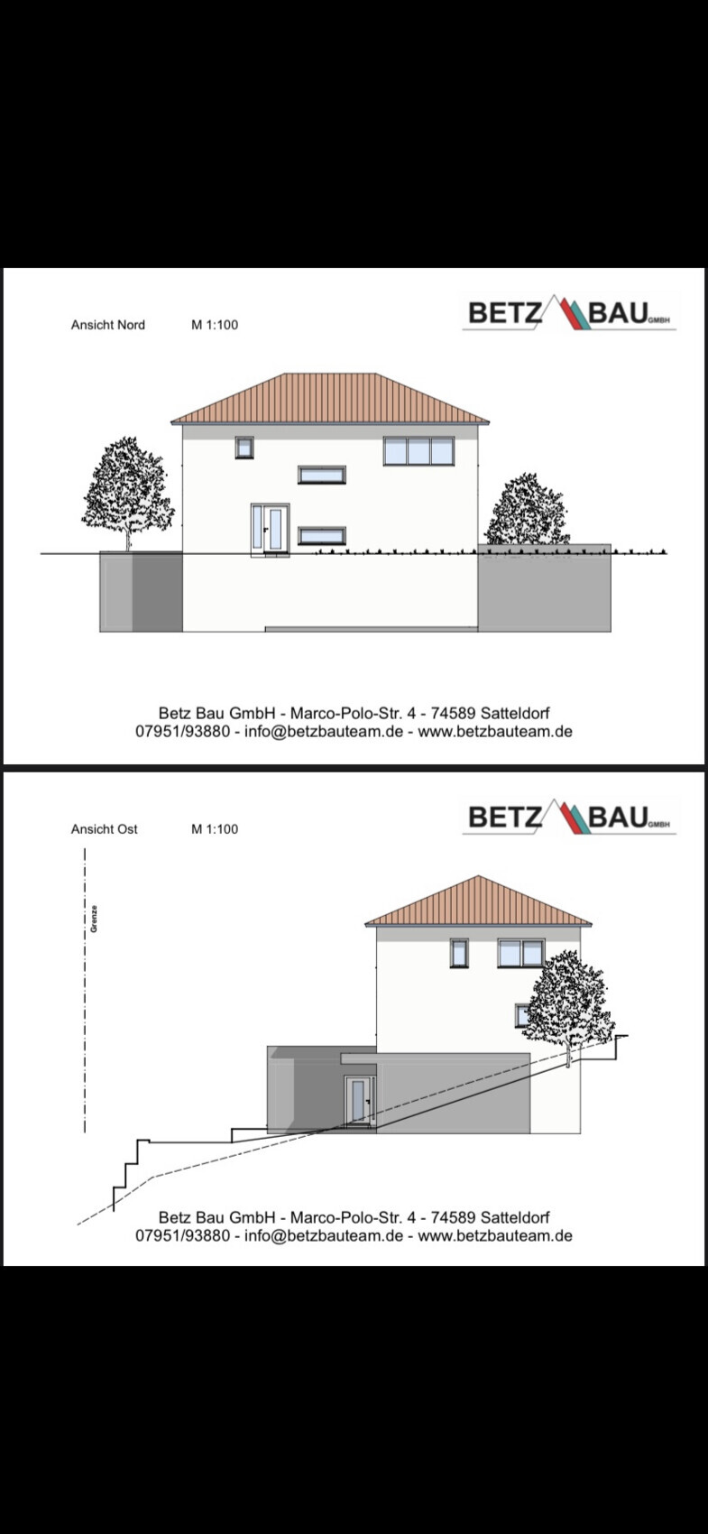 Nord- und Ostfassade eines Hauses mit Bäumen, Maßstab 1:100, Betz Bau GmbH.