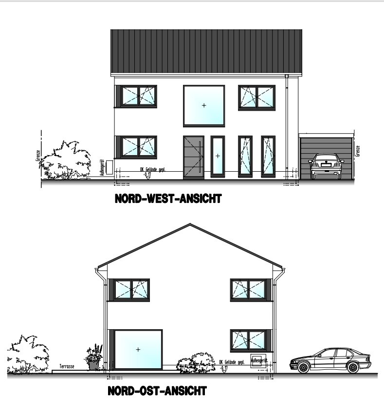 Zweigeschossiges Haus von Nord-West und Nord-Ost: Fenster, Türen, Garage, Terrasse.