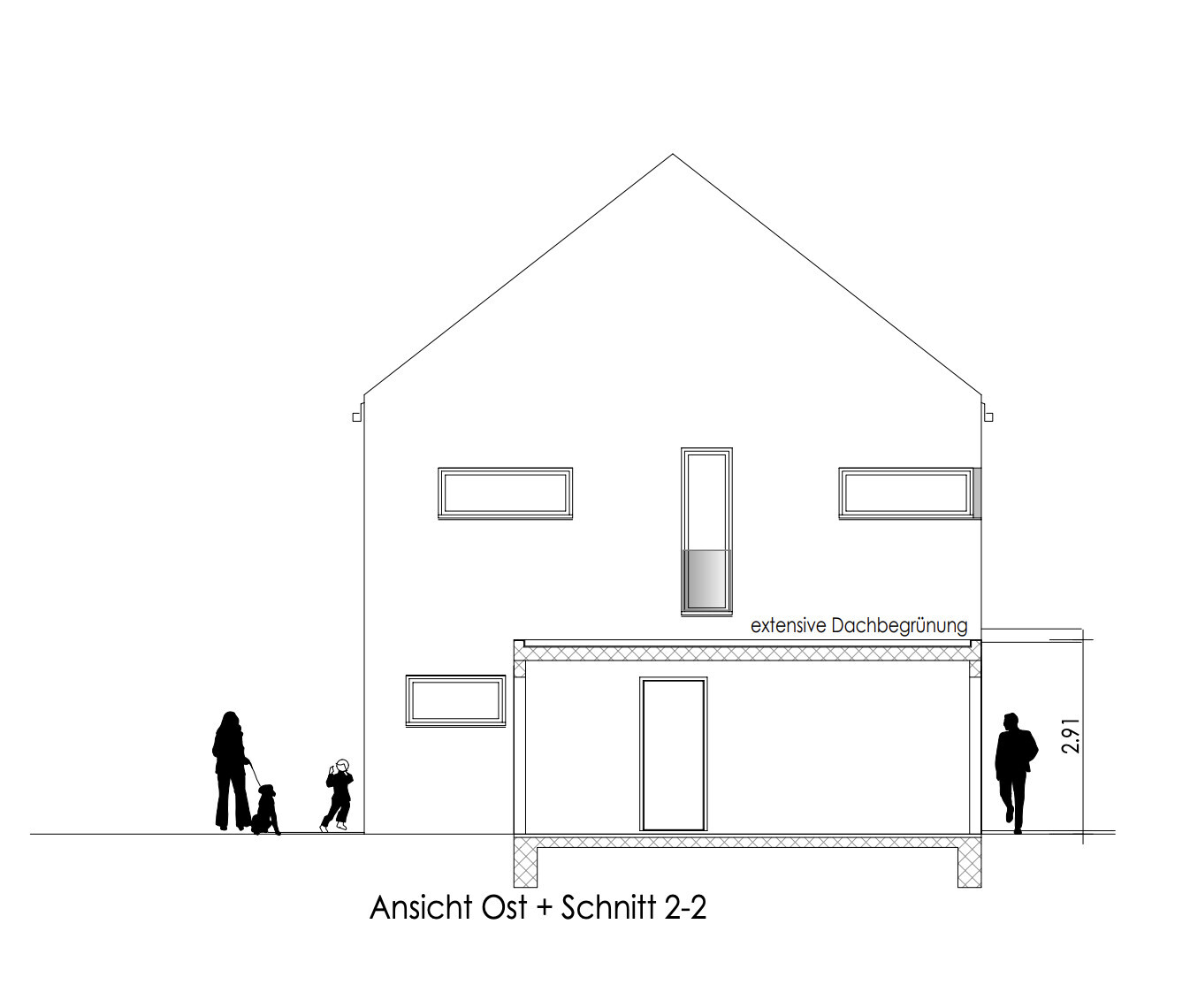 Ostansicht eines zweigeschossigen Hauses mit extensiver Dachbegrünung und Terrasse.