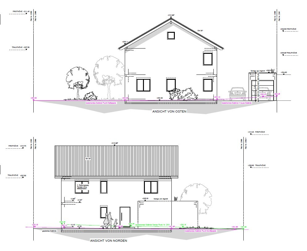 Wohnhaus-Ansichten von Osten und Norden mit Garten, Garage und Pkw.