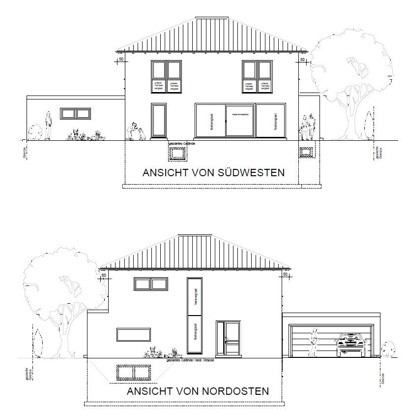 Architektenzeichnung eines Hauses: Ansichten Südwesten und Nordosten mit Fenstern, Türen und Garage.