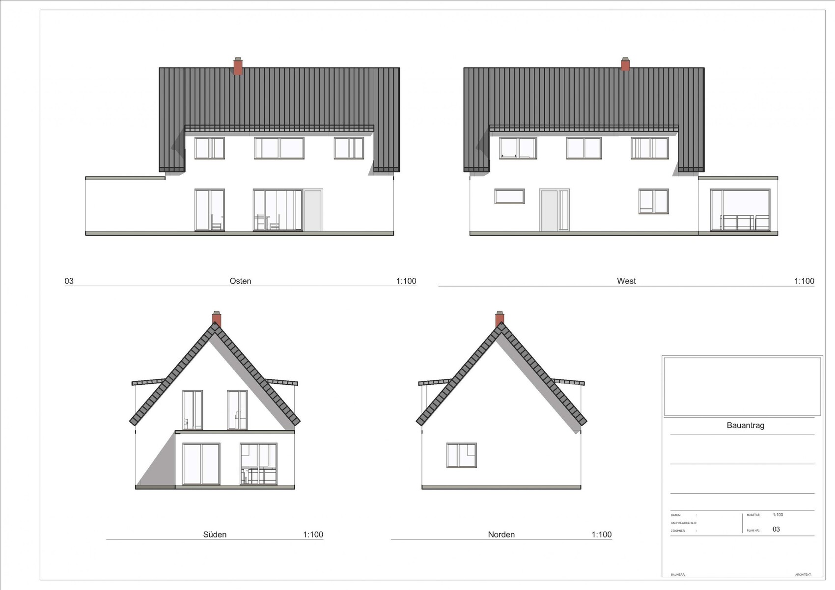 Vier Ansichten eines modernen Hauses: Osten, Westen, Süden, Norden (Satteldächer).