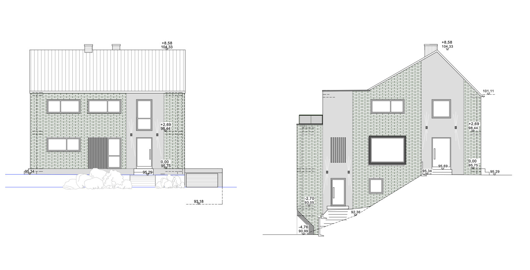 Moderne Architektur: Front- und Seitenansicht eines Hauses mit Ziegelmauer, Dach und Treppen