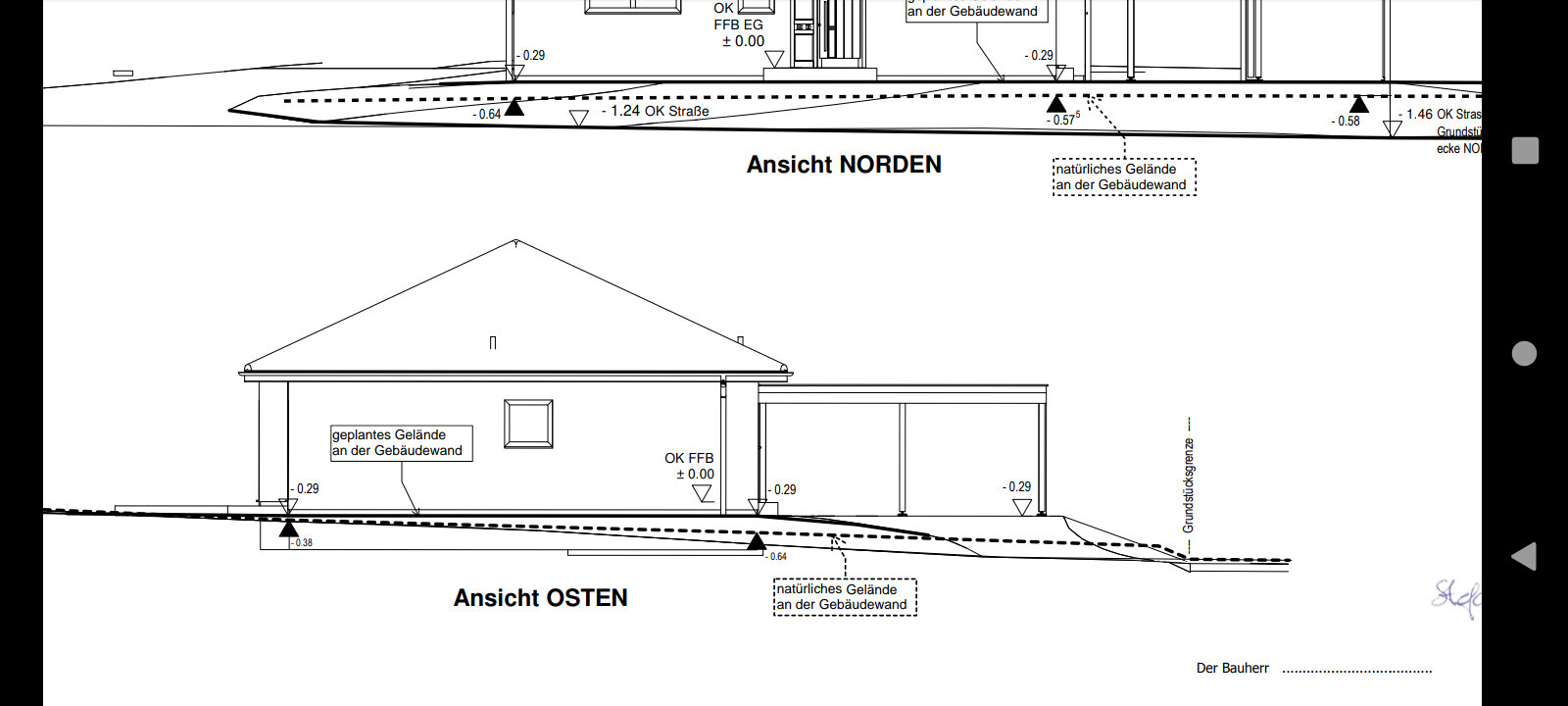 Nord- und Ostansicht eines Gebäudes mit Dach, Fenstern und Geländekonturen.