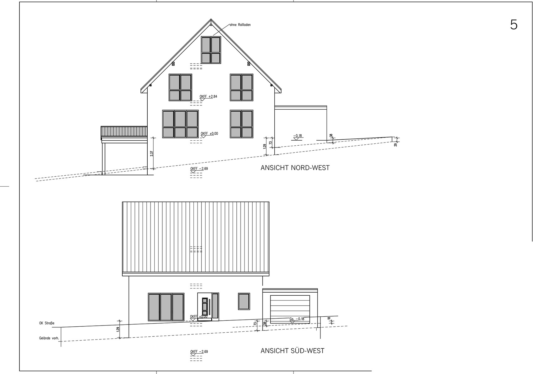 Architekturzeichnung eines Hauses mit Nordwest- und Südwest-Ansicht, Dach und Fenstern.