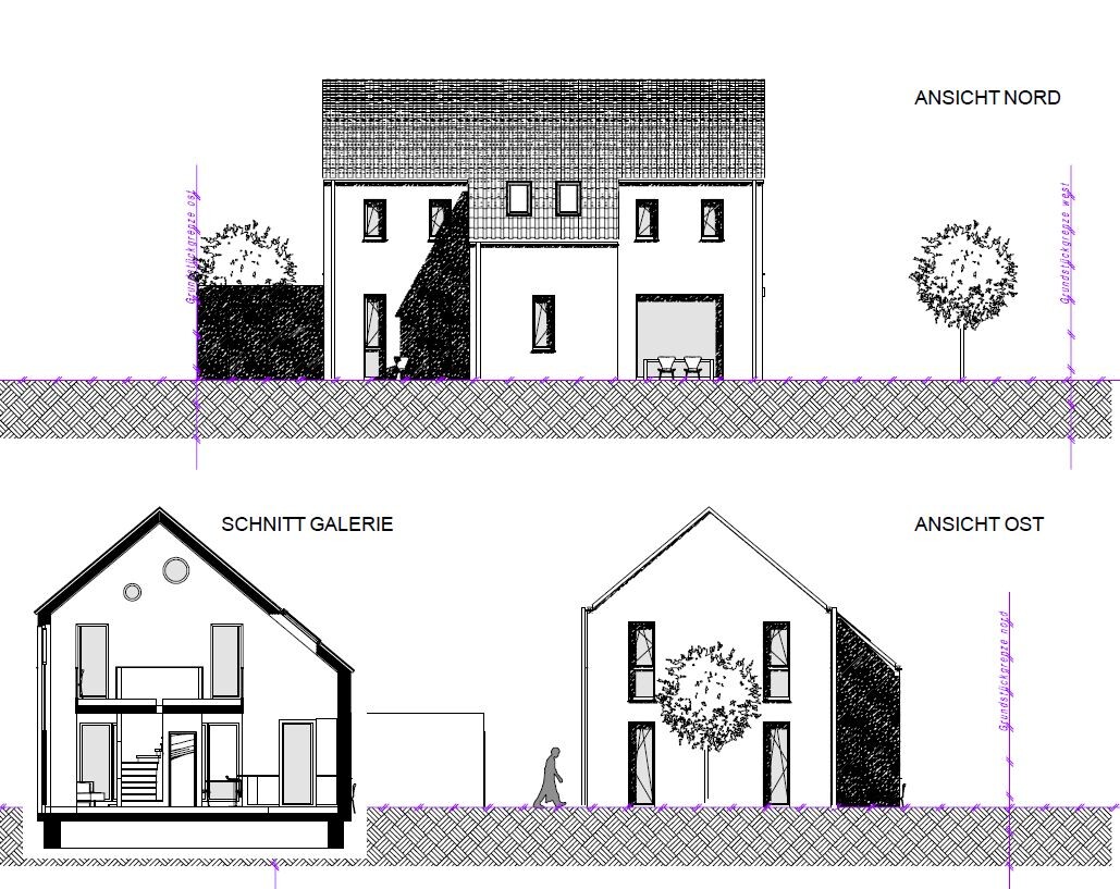 Architekturzeichnung: Nord- und Ostansicht sowie Galerie-Schnitt eines Hauses mit Baum.
