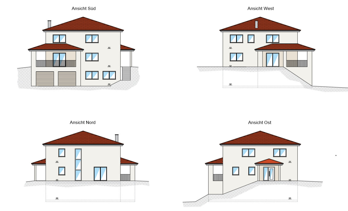 Vier Ansichten eines zweistöckigen Hauses: Süd, West, Nord, Ost; rotes Ziegeldach, Balkon, Garage.