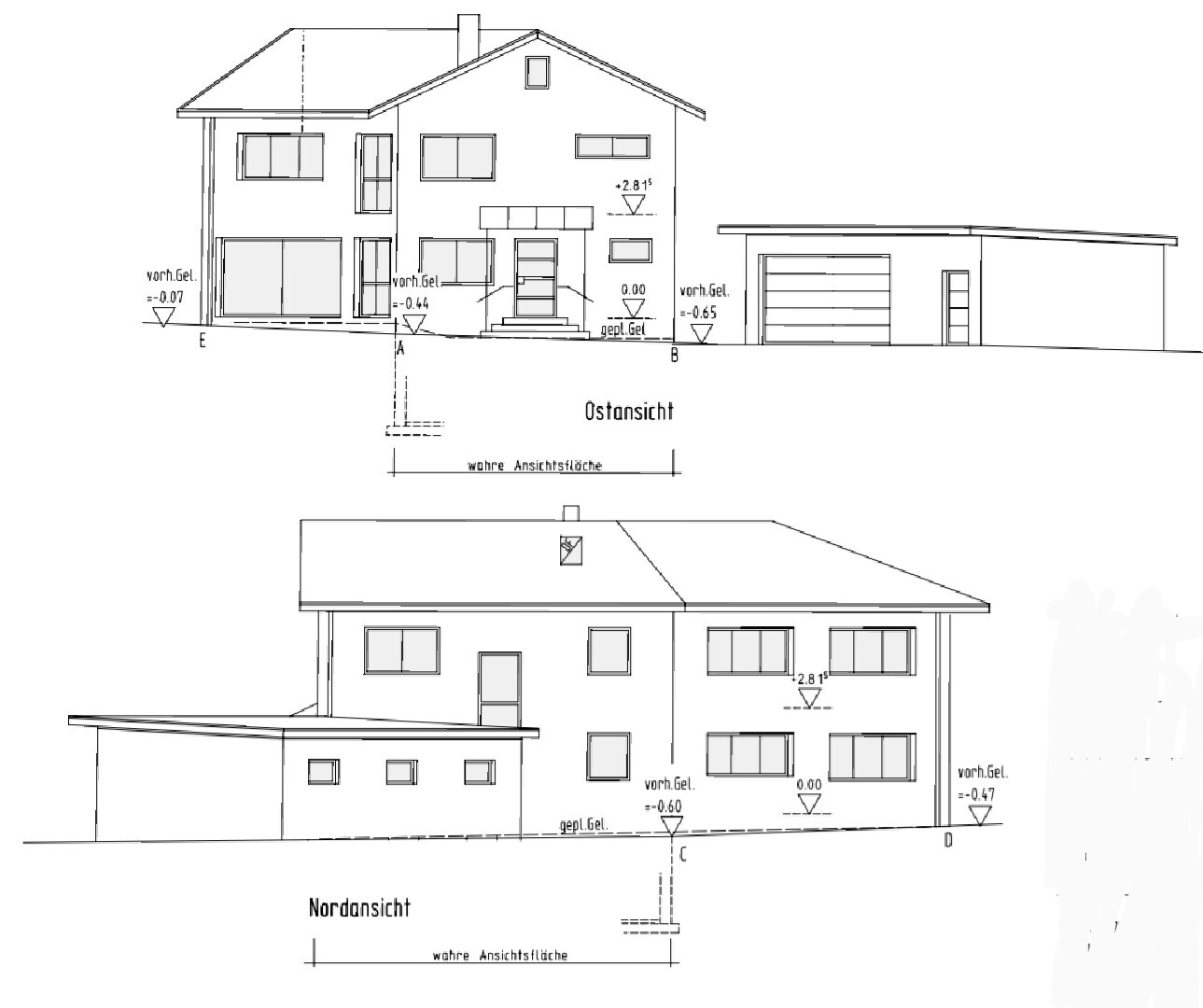Ost- und Nordansicht eines Hauses mit Garage, architektonische Zeichnung (2 Geschosse).