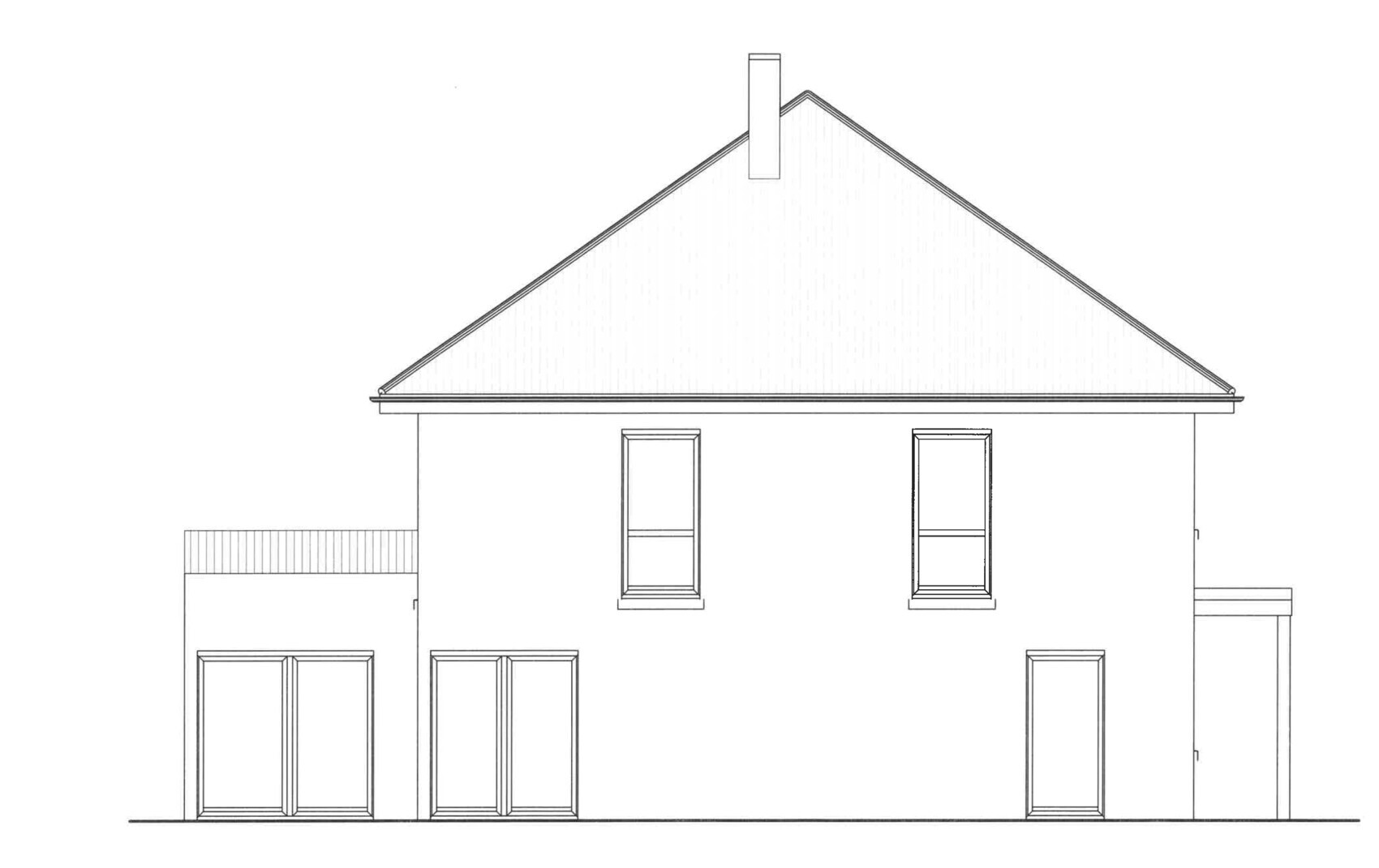 Linienzeichnung eines Hauses mit Satteldach, Kamin und Fenstern, seitlicher Anbau.