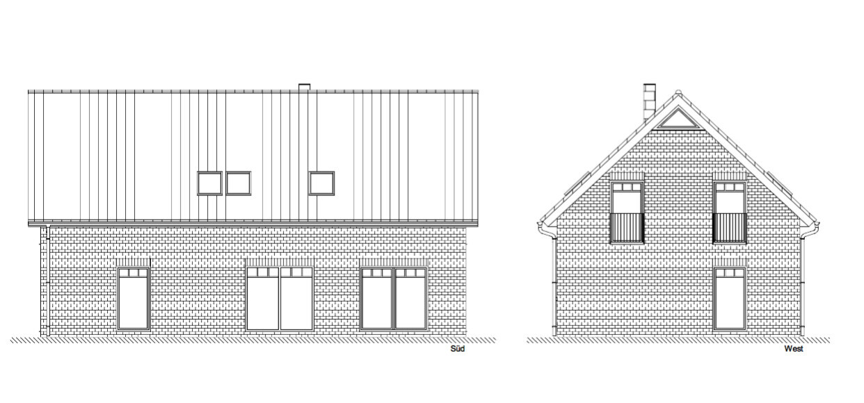 Architekturzeichnung zweier Hausansichten: Backsteinfassade, unterschiedliche Dächer, Fenster und Tueren