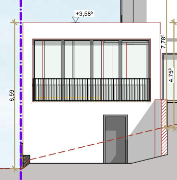 Aussenansicht eines Hauses mit Balkon Gelander und Eingangstuer architektonische Zeichnung