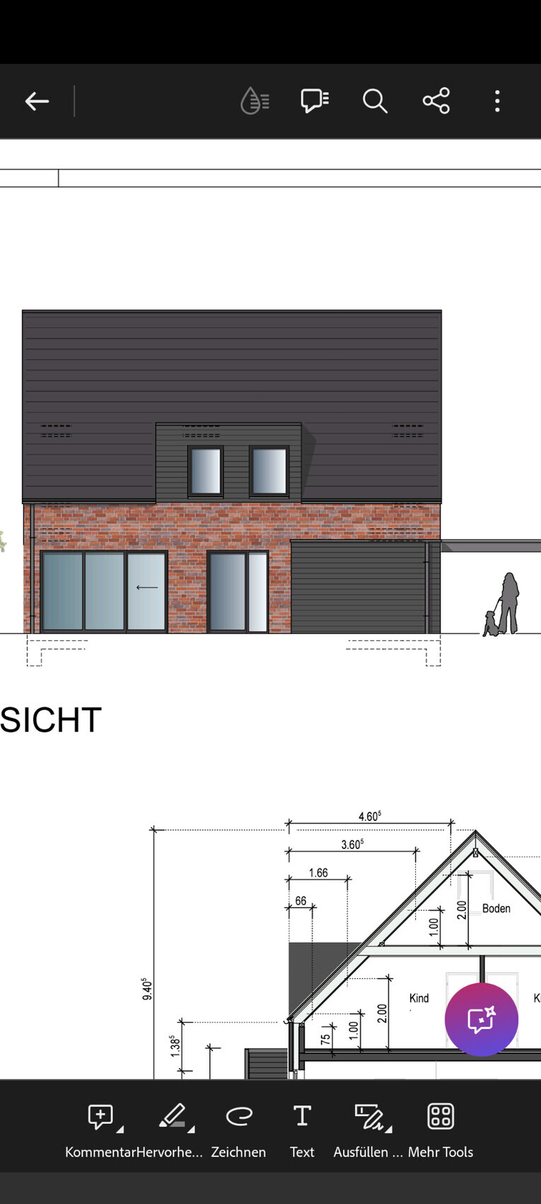 Ansicht eines modernen, zweigeschossigen Backsteinhauses mit dunklem Dach, großen Fenstern und Garage.