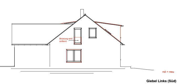 Seitenansicht eines Hauses mit Anbau links; rote Markierungen kennzeichnen neue Brüstung.